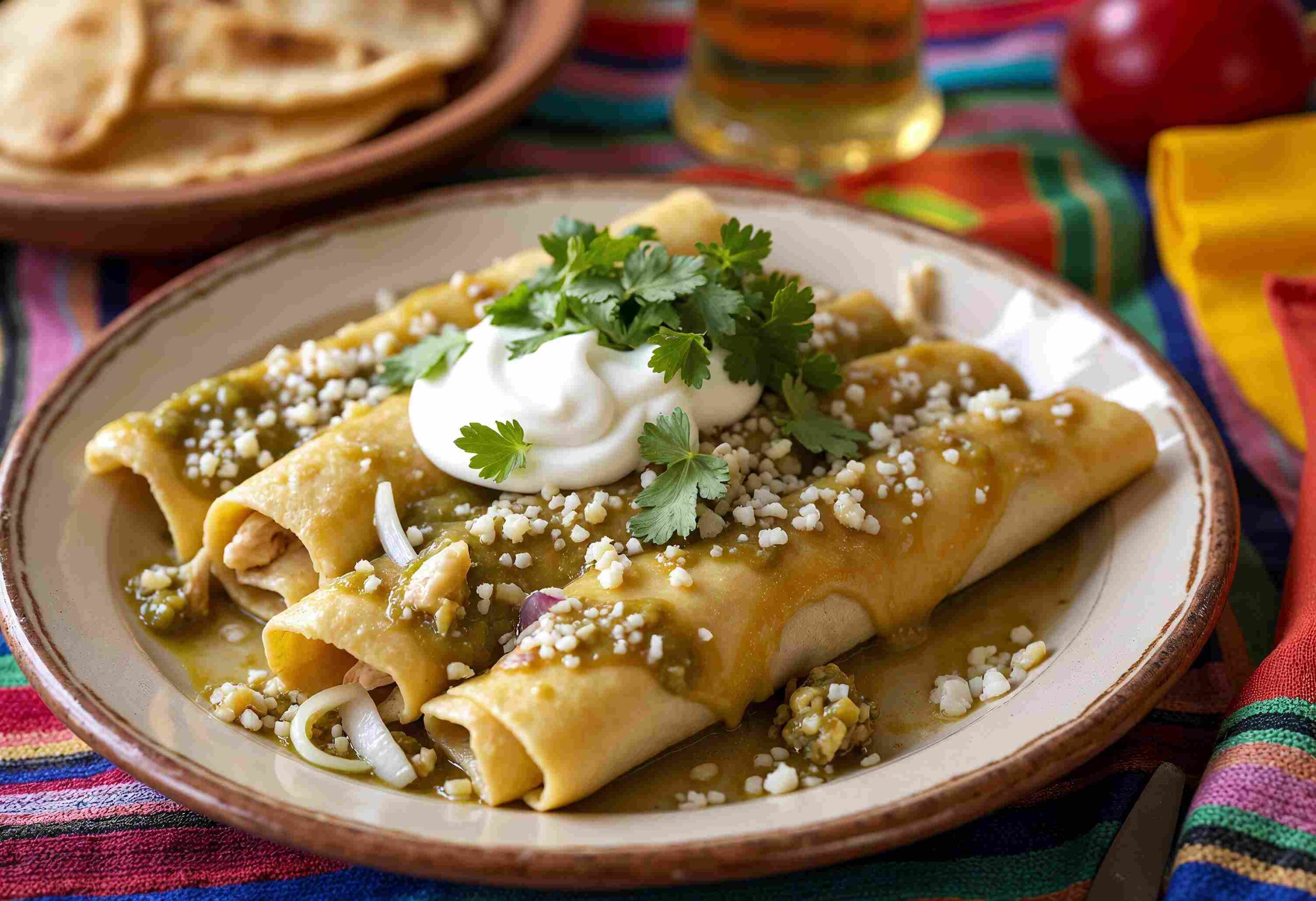 Enchiladas Suizas are a traditional Mexican dish made with soft corn tortillas filled with shredded chicken,