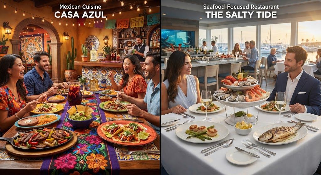 A mexican cuisine restaurant usually offers a broad selection of Mexican dishes, while a seafood-