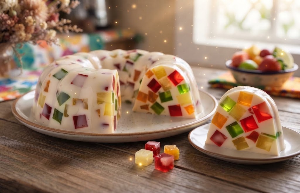Gelatina de mosaico is a popular Mexican dessert made with colorful cubes