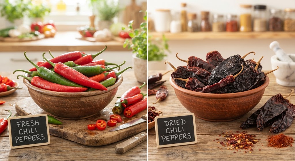 Fresh and dried chilies can come from similar plants, but their culinary characteristics are different