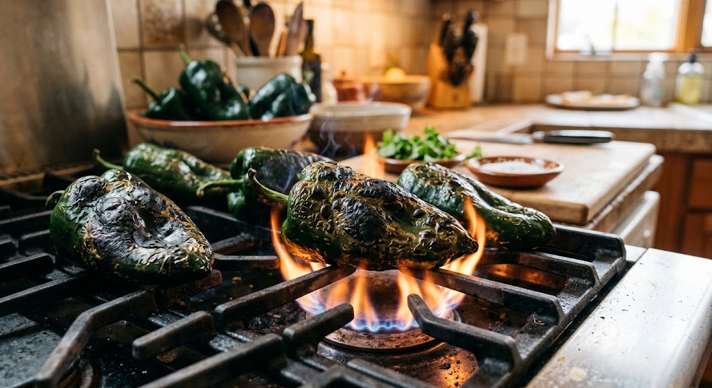 Wash and dry the poblano peppers. Place them on a baking sheet and roast